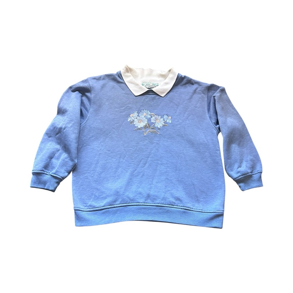 VTG 90s Emerald Isle Floral Embroidered Collared Sweatshirt Blue Grandmacore S